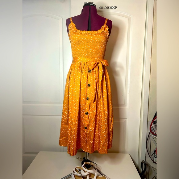 Dresses | Darling Gold Polka Dot Midi Summer Dress Size Medish | Poshmark